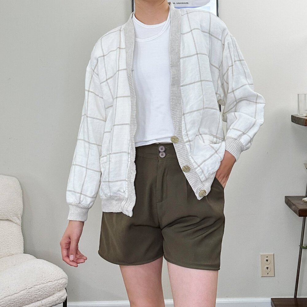 80's Cream Windowpane Linen Cardigan